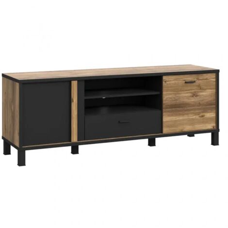 Meuble TV 155 cm 2 portes décor bois et noir pieds noir - CELIA (1/5)