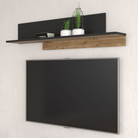 Etagère murale 154 cm asymétrique décor bois et métal noir – CELIA