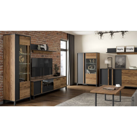 Etagère murale 154 cm asymétrique décor bois et métal noir – CELIA