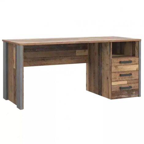 Bureau droit 160 cm 3 tiroirs décor bois vieilli et béton gris - BUCK (1/5)