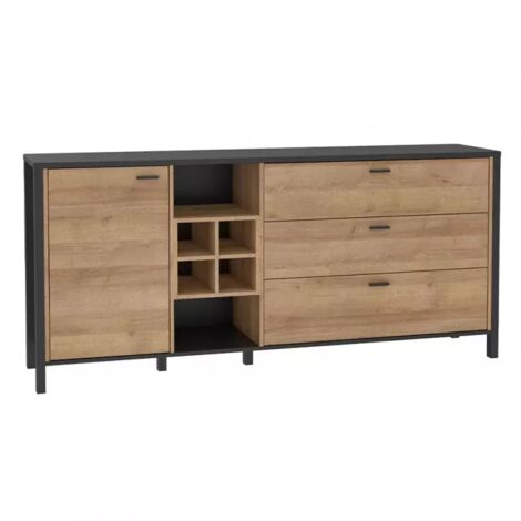 Buffet 186 cm 1 porte 3 tiroirs décor bois de chêne et noir - MODE (1/5)