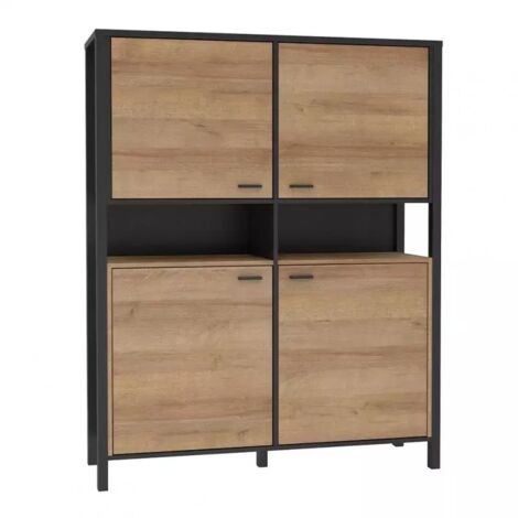 Vaisselier 121 cm 4 portes 2 niches décor bois chêne noir – Structure panneaux 15 mm – Poignées métal noir mat – Dimensions 121x152x40 cm – Meubletmoi