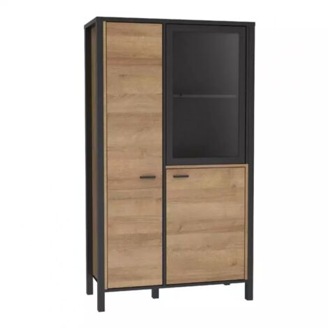 Vitrine 152 cm 3 portes en bois chêne et noir – Porte vitrée pour objets décoratifs – Structure robuste en panneaux de particules – Meubletmoi (1/5)