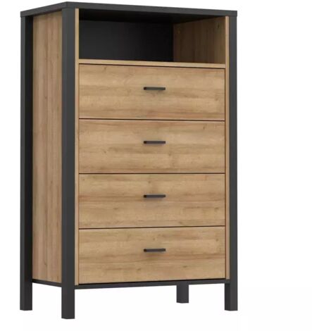 Chiffonnier 4 tiroirs 1 niche décor noir et bois chêne - MODE