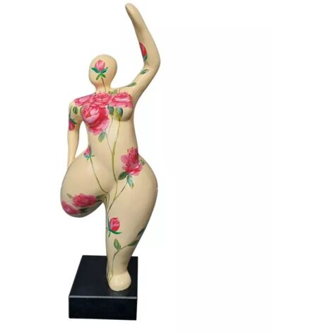 Statue femme jambe pliée beige avec fleurs roses H60 cm - LADY ROSE