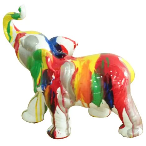 Statue éléphant trompe relevé coulures multicolores H24 cm - DUMBO (1/3)