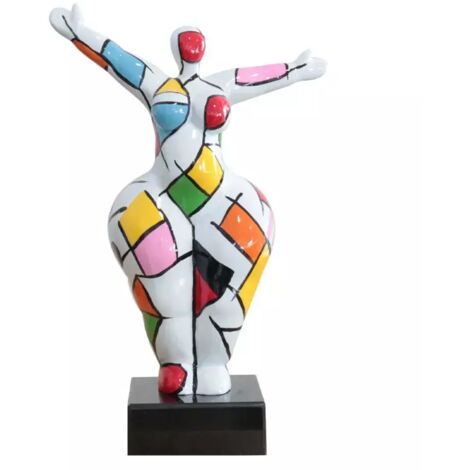 Statue femme debout bras levés – Peinture carreaux multicolores – Hauteur 34 cm – Fabrication en polyrésine – Décoration intérieure originale – Meubletmoi
