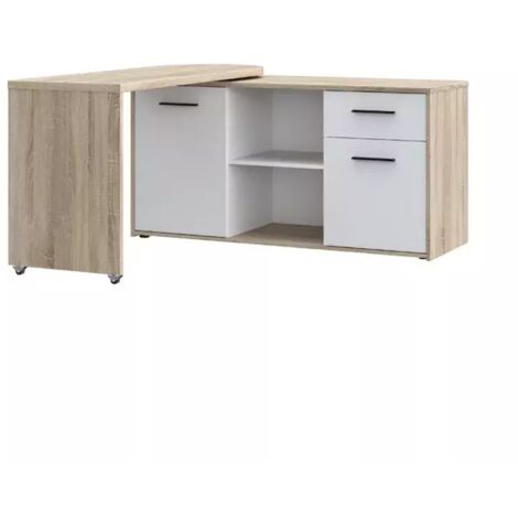 Bureau d'angle rotatif 144 cm à 232 cm décor bois et blanc - ALKIRA (1/5)