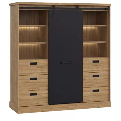 Vaisselier 1 porte coulissante 6 tiroirs décor chêne et noir – Système 'soft close' – 4 éclairages LED – Fabrication européenne – Meubletmoi