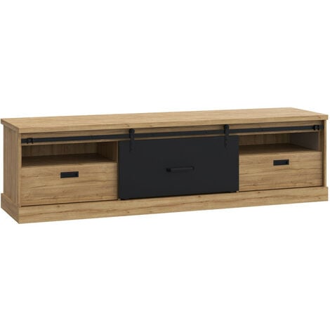 Meuble TV 2 tiroirs 1 porte en bois noyer et métal noir TISSIA