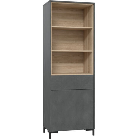 Étagère haute décor béton gris chêne clair et pieds noir - MADDY (1/5)