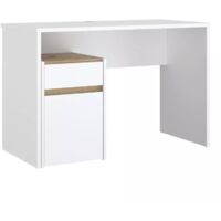 Bureau 110 cm blanc mat et décor bois de chêne avec caisson - ODYSSÉE