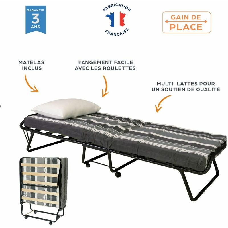 Lit Pliant M8 80x190 Cm - Lit D'Appoint Gain De Place Avec Matelas Mousse 8 Cm, Sommier à Lattes Bois, Roulettes, Idéal Chambre Petite Surface Ou Invités - Fabriqué En France