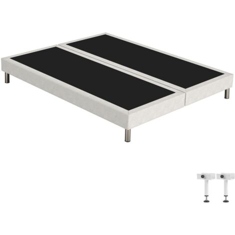 Sommier tapissier + pieds SR15 beige 2x80x200 Lattes bois massif - H.15 cm