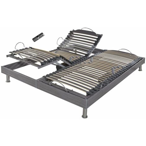 Sommier électrique S62+Lattes bois - Réglage fermeté zone lombaires - 2x90x200 - Gris