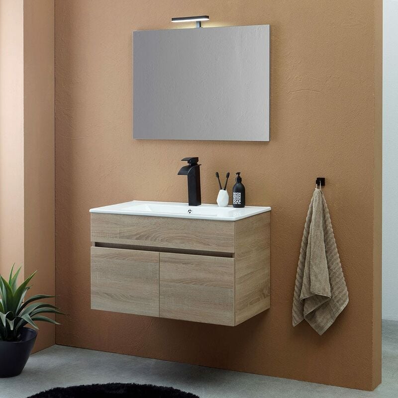 Mobile Bagno Sospeso 80Cm 2 Ante Rovere Brown, Specchio 80X60 Silvia