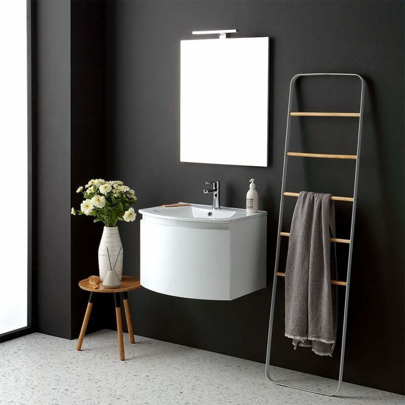 Mobile Bagno Sospeso Arrotondato Cm 62 Bianco Specchio Rettangolare Riva