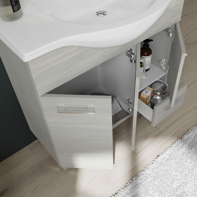 Kiamami Valentina Mobile bagno a terra da 85cm con ante e cassetto quercia  grigio a specchio con pensile : : Casa e cucina