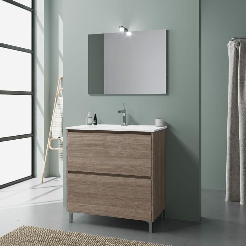 Mobile Bagno A Terra Da 80Cm Con Lavabo E Cassetti Rovere Laguna