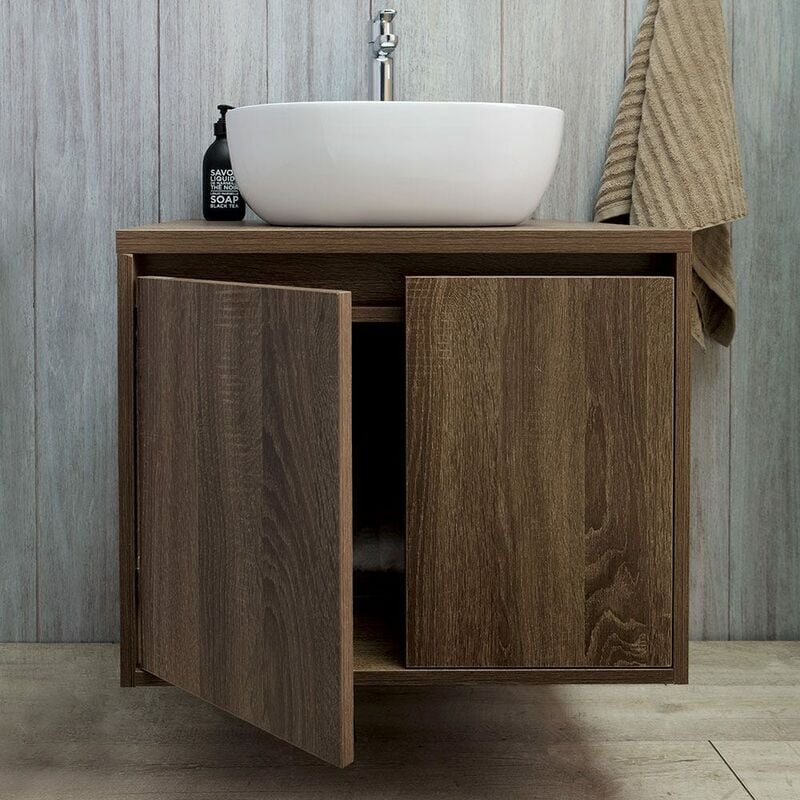 Mobile da bagno sospeso 60cm noce scuro con lavabo e specchio mod. Hoia