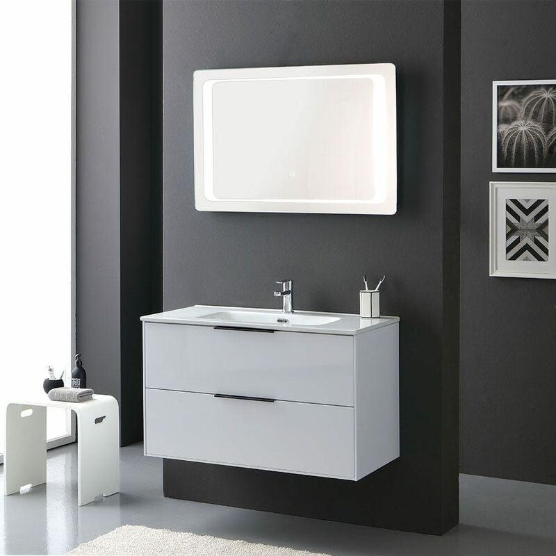 Mobile Bagno Bianco Lucido 90Cm Maniglia Nero Opaco E Specchio A Led Parigi