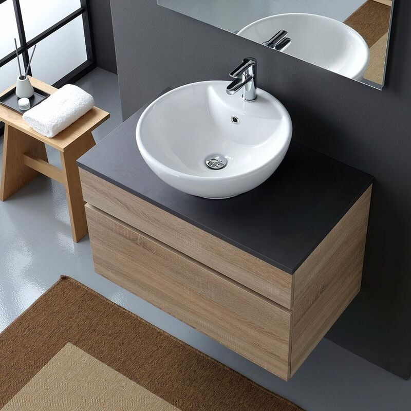 Mobile Bagno Sospeso Cm80 Con Top In Legno Antracite E Lavabo Da