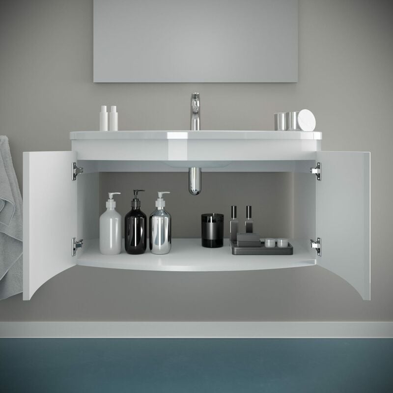 Mobile Bagno 80Cm Con Frontale Curvo E Due Ante Bianco Lucido Garda