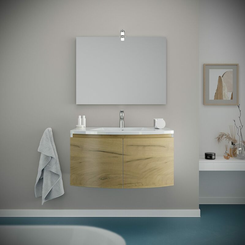 Mobile Lavabo Bagno Curvo 80 Cm Scocca Bianco E Ante Rovere Miele Garda