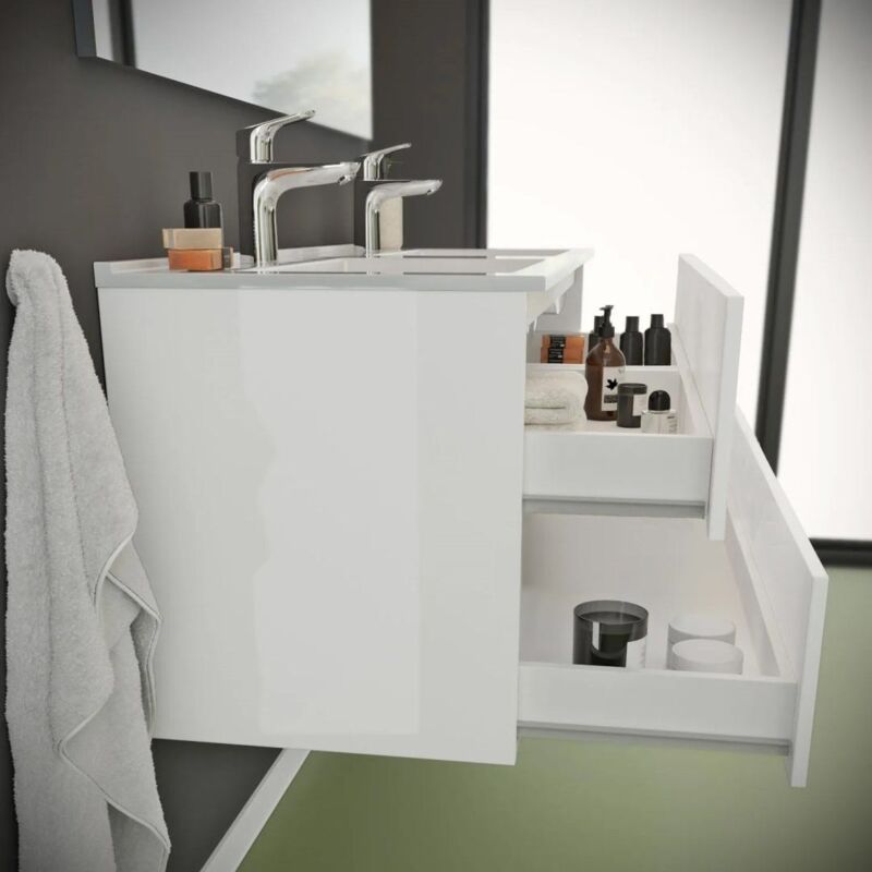 Mobile Bagno Sospeso 120cm Bianco Lucido - Doppio Lavabo Con 2 Cassetti, Design Moderno - Foto 8