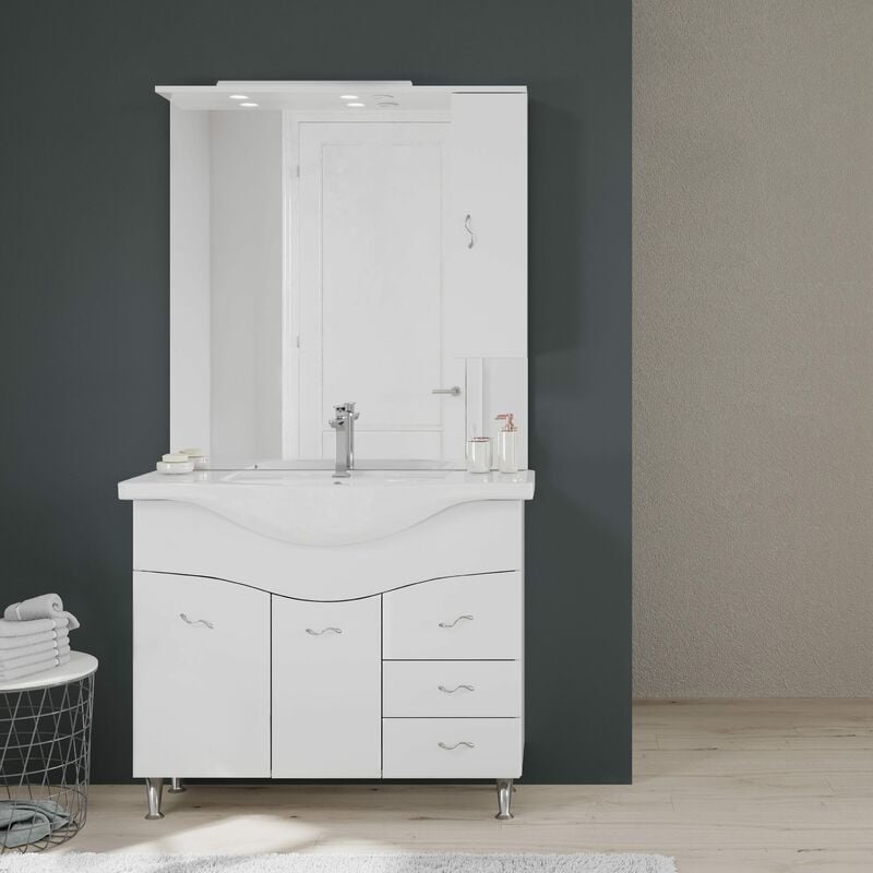 Mobile Bagno 106 Cm Classico Con Lavabo Specchio E Pensile Bianco Easy