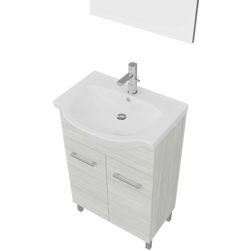 Mobile Bagno A Terra 55Cm 2 Ante Rovere Grigio, Lavabo E Specchio Rimini