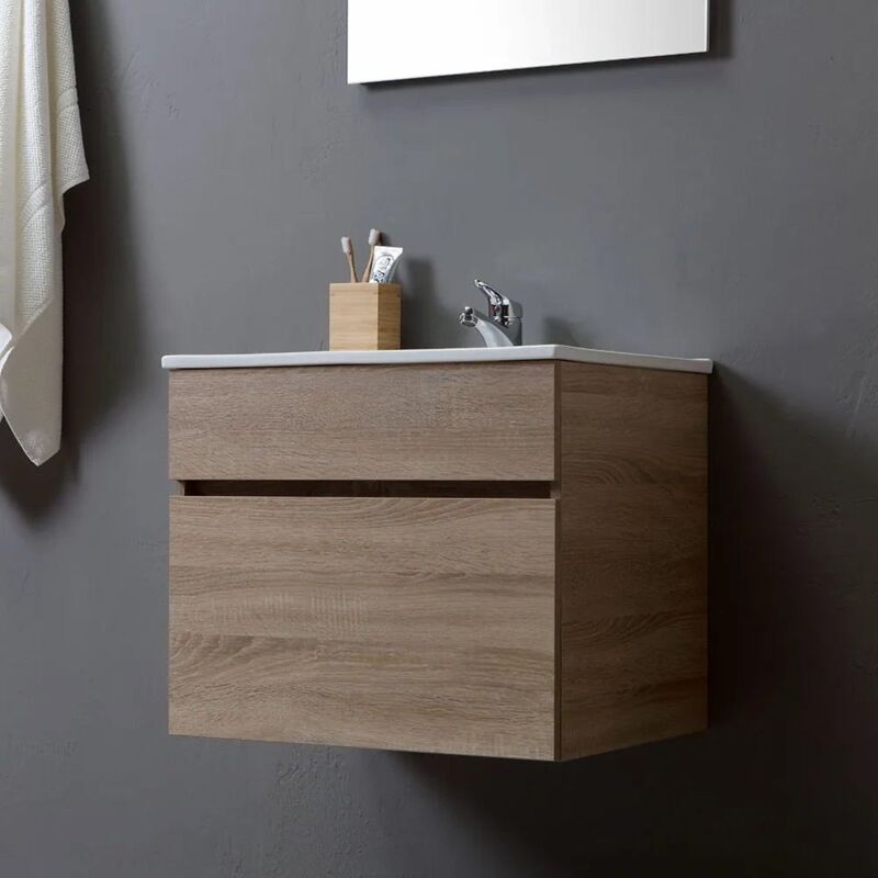 Mobile Bagno Sospeso Da 60 Cm Con Cassetto, Specchio E Lavabo Quercia Sole