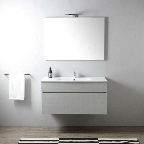 Mobile Bagno Sospeso 80 cm Con Vano Giorno Lavabo Specchio Colonna Rovere Alaska