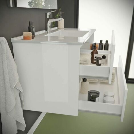 Mobile Bagno Sospeso 90Cm 2 Cassetti Bianco Lucido  Benaco