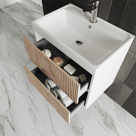 Kiamami Valentina Arredo bagno sospeso 80cm rovere grigio con frontale  bianco e lavabo soprapiano Lotto