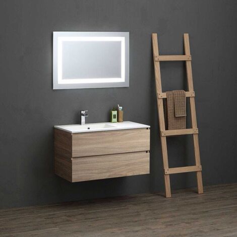 Mobile Bagno Sospento 4 Ante In Rovere Naturale Con Top Bianco, 2 Lavabi E Specchio Led - Valentina - Foto 6
