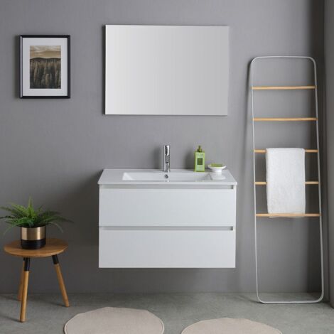 Mobile Bagno Sospeso 80Cm Bianco Con Lavabo E Specchio  Bilbao