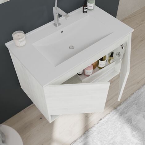 ARMADIETTO BAGNO SOSPESO CON ANTE QUERCIA BIANCO 80CM