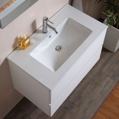 Mobile Bagno Sospeso 80 Cm Con Cassetti E Lavabo In Ceramica Bianco Berlin