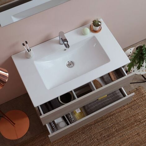 Mobile Bagno 80 Cm Con Cassetti Berlin Olmo Leone Lavabo In Ceramica Luce A  Led