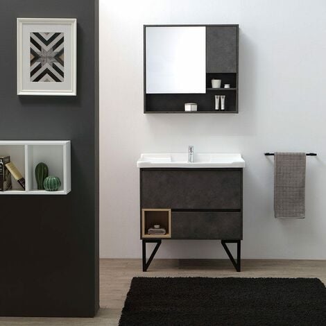 Mobile Bagno Da Terra 80Cm Grigio Industriale E Specchio Contenitore Vienna