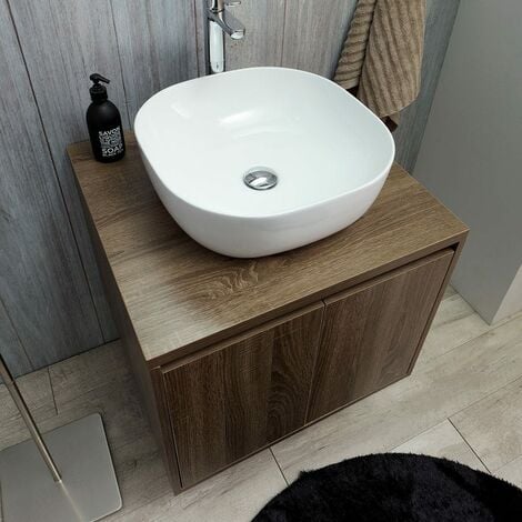 Mobile Bagno Noce Scuro 60Cm Lavabo D'arredo E Specchio A Filo Siena