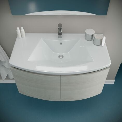 Mobile Bagno Curvo Sospeso 80Cm Bianco Con Ante Rovere Artico  Garda