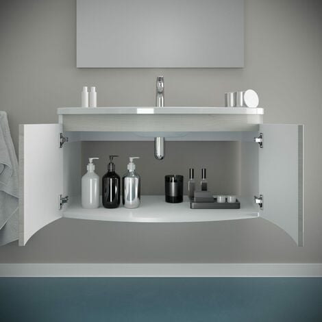 Mobile Bagno Curvo Sospeso 80Cm Bianco Con Ante Rovere Artico  Garda
