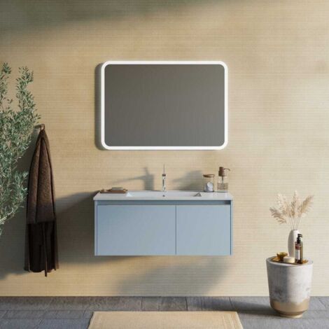 MOBILE BAGNO 100CM BLU CELESTE OPACO, LAVABO IN CERAMICA, SPECCHIO MONACO