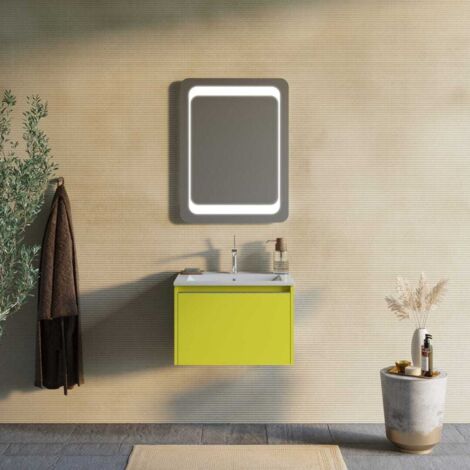 MOBILE BAGNO VERDE OLIVA 60CM, LAVABO IN CERAMICA E SPECCHIO MONACO