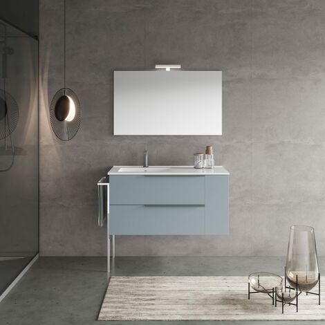 Mobile Bagno Sospeso 100Cm Cassetti Celeste Opaco, Lavabo In