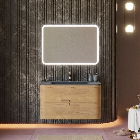 Mobile Sospeso Bagno 100Cm Rovere Miele, Lavabo Nero E Specchio  Hollywood