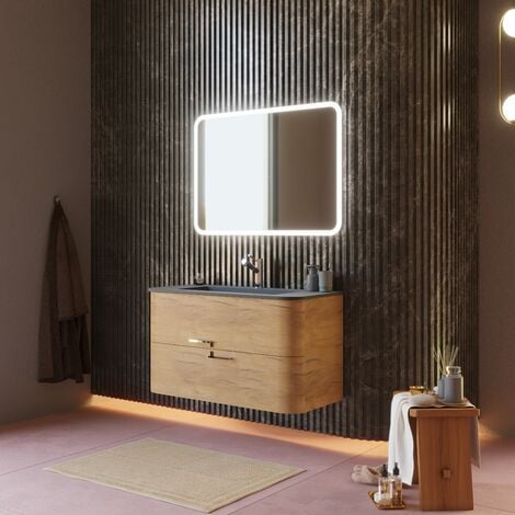 Mobile Sospeso Bagno 100Cm Rovere Miele, Lavabo Nero E Specchio  Hollywood