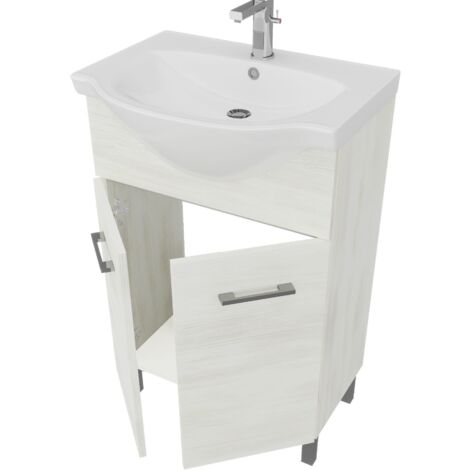 Mobile Bagno A Terra Da 55Cm Rovere Bianco Con Lavabo In Ceramica Rimini